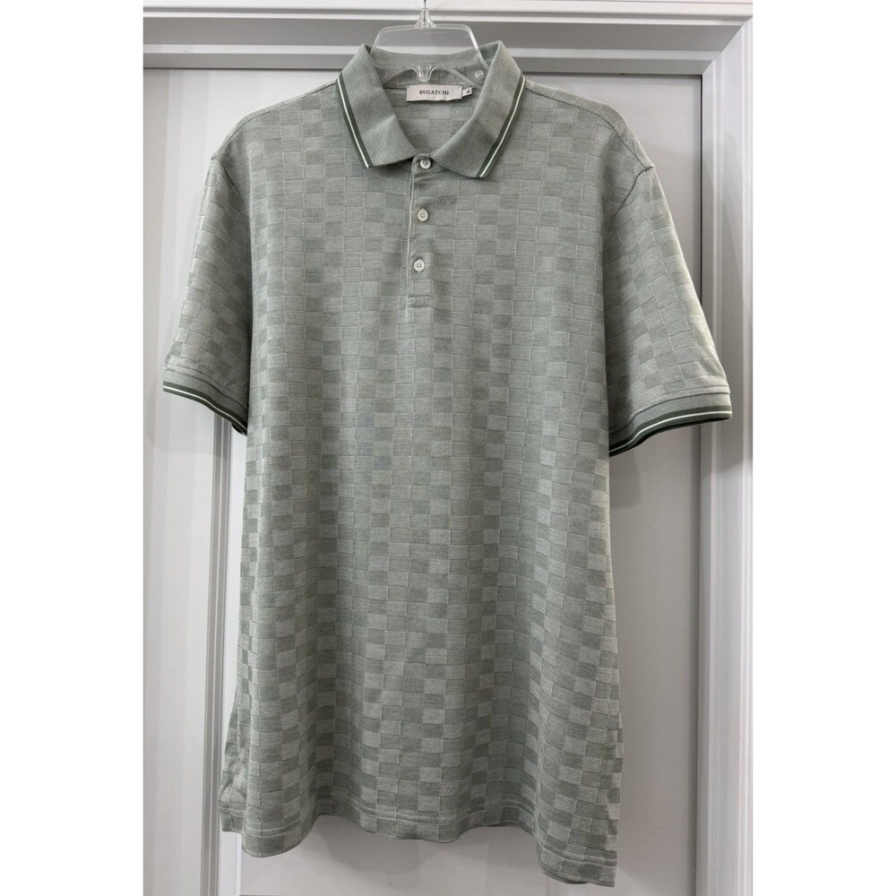 Bugatchi Polo Shirt Sz XL Khaki/Sage Green Geometric jacquard Mercerised Cotton